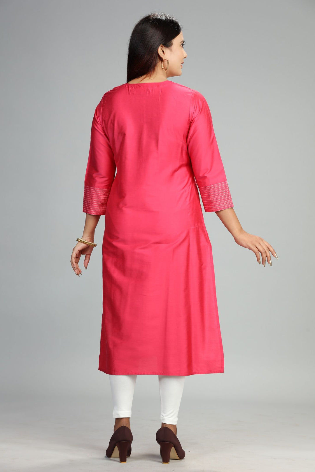 Pink Cotton Silk Straight Embroidered Kurta