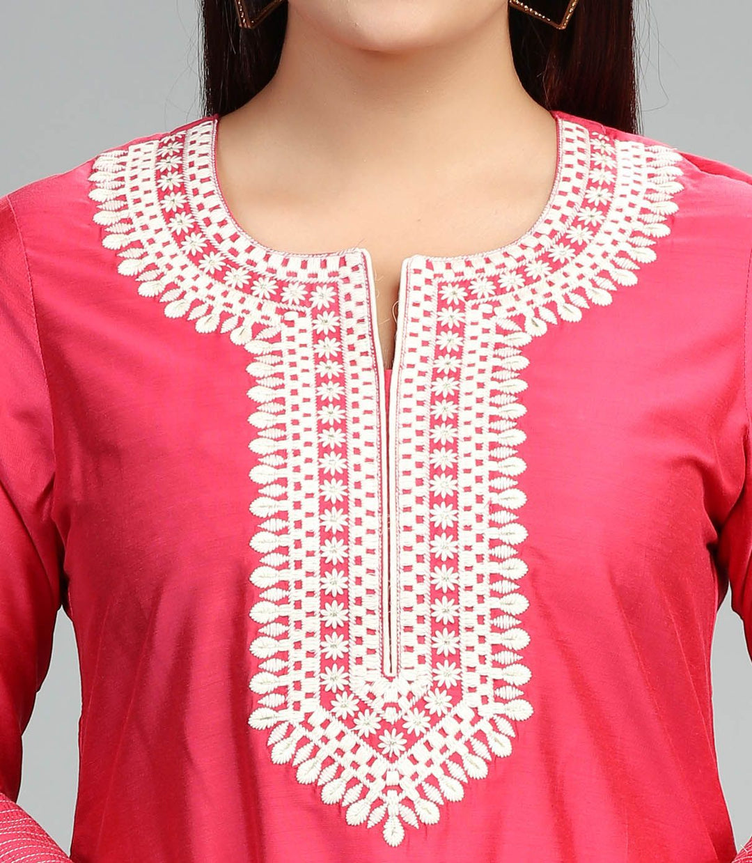 Pink Cotton Silk Straight Embroidered Kurta