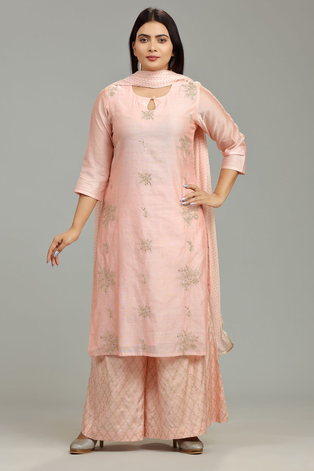 Peach Chanderi Straight Embroidered Kurta Pant Suit Set