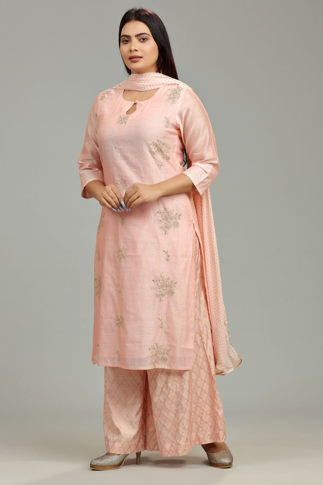 Peach Chanderi Straight Embroidered Kurta Pant Suit Set