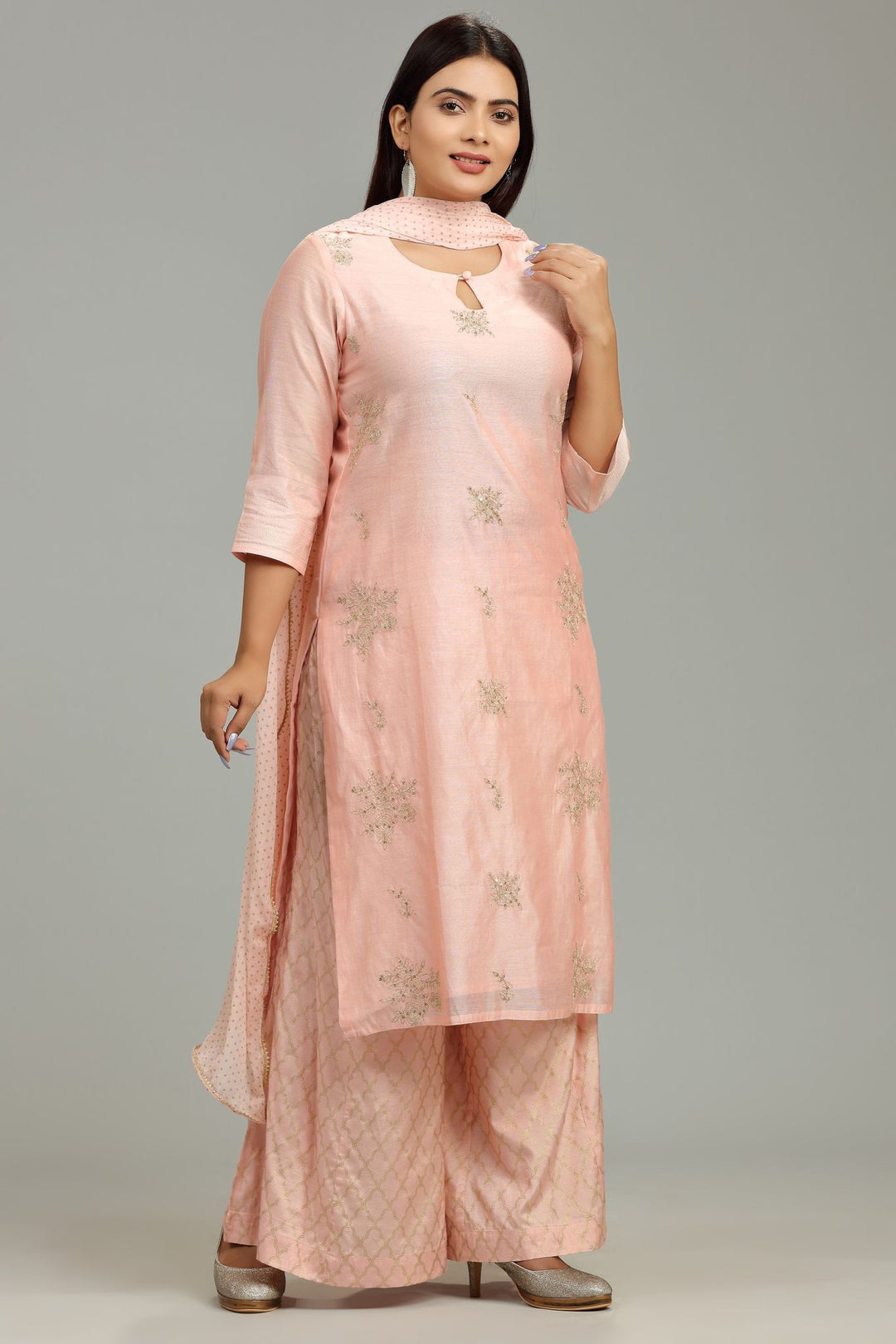 Peach Chanderi Straight Embroidered Kurta Pant Suit Set