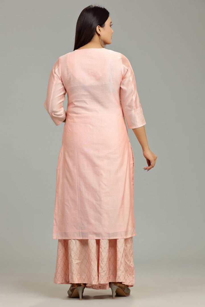 Peach Chanderi Straight Embroidered Kurta Pant Suit Set