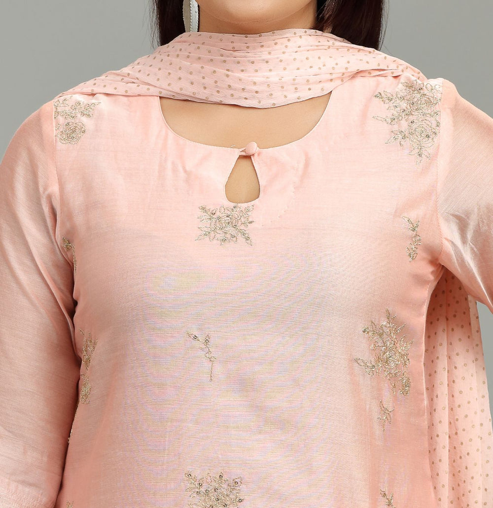 Peach Chanderi Straight Embroidered Kurta Pant Suit Set