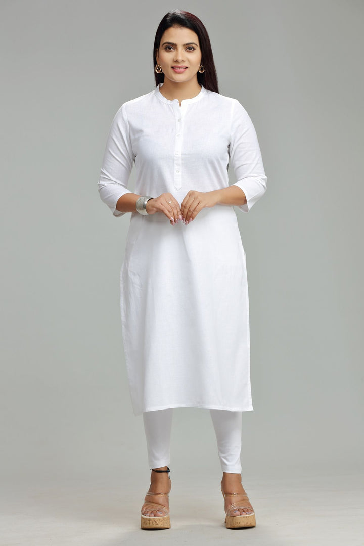 White Cotton Straight Solid Kurta