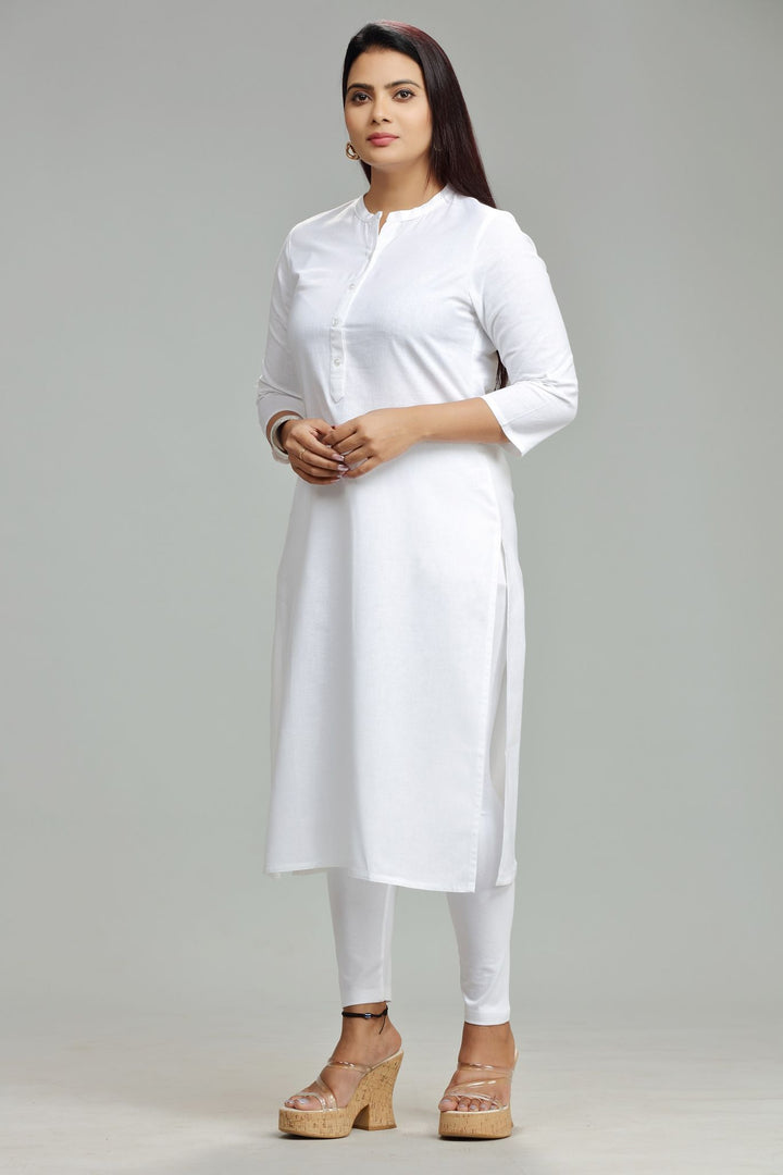 White Cotton Straight Solid Kurta