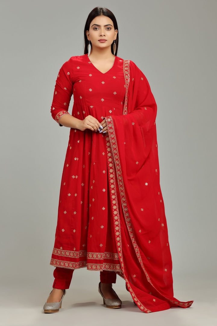 Red Georgette Anarkali Embroidered Kurta Pant Suit Set