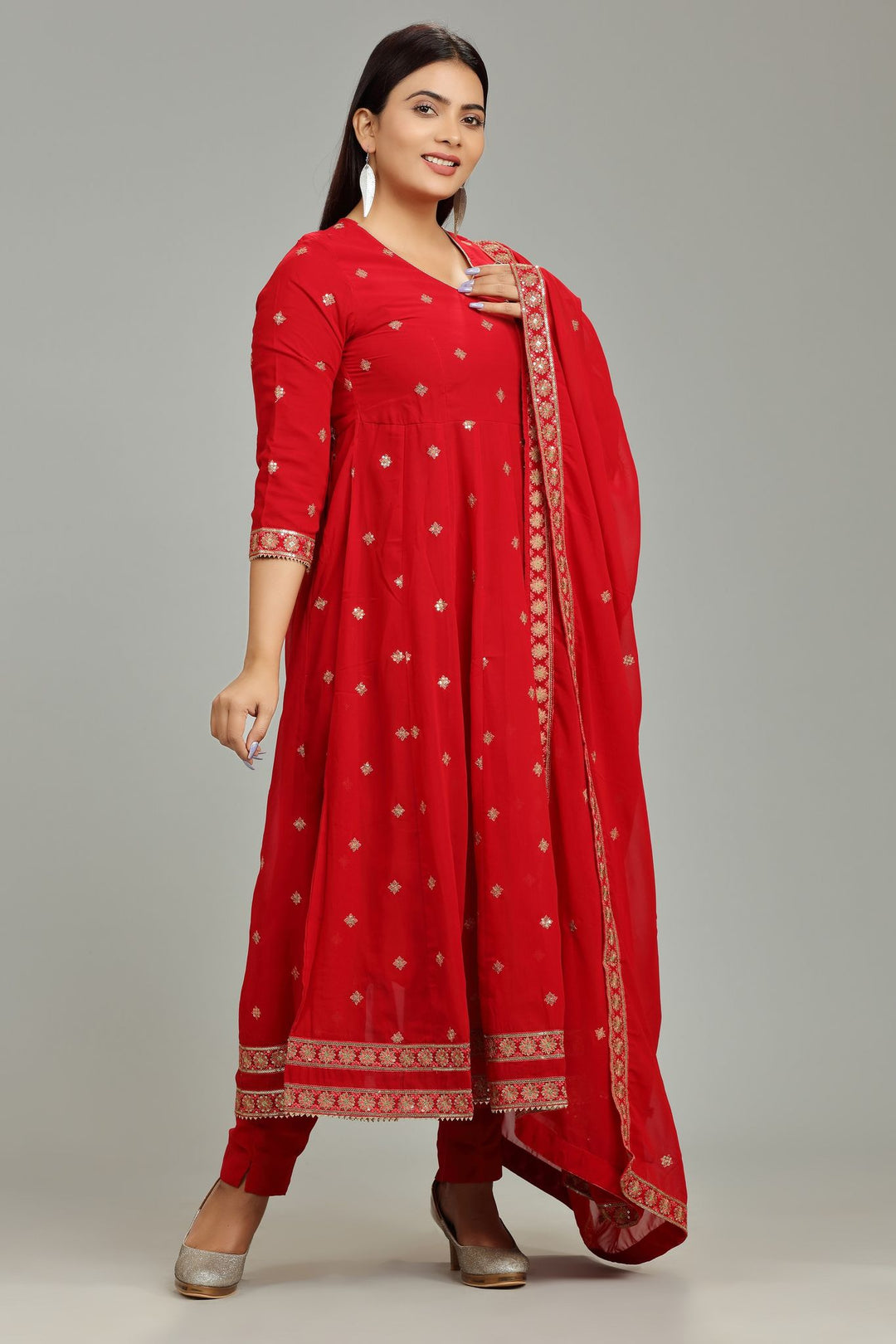 Red Georgette Anarkali Embroidered Kurta Pant Suit Set