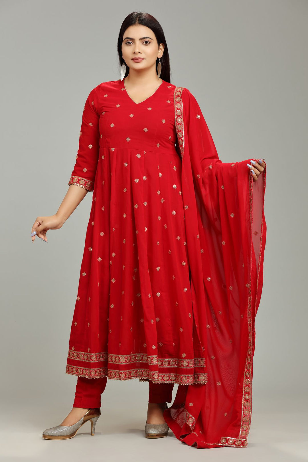 Red Georgette Anarkali Embroidered Kurta Pant Suit Set