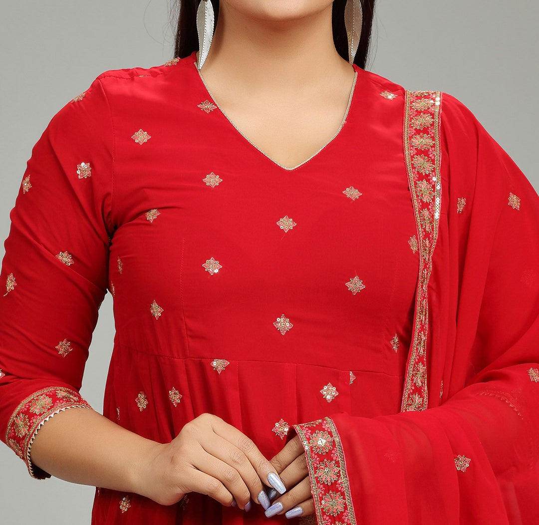 Red Georgette Anarkali Embroidered Kurta Pant Suit Set