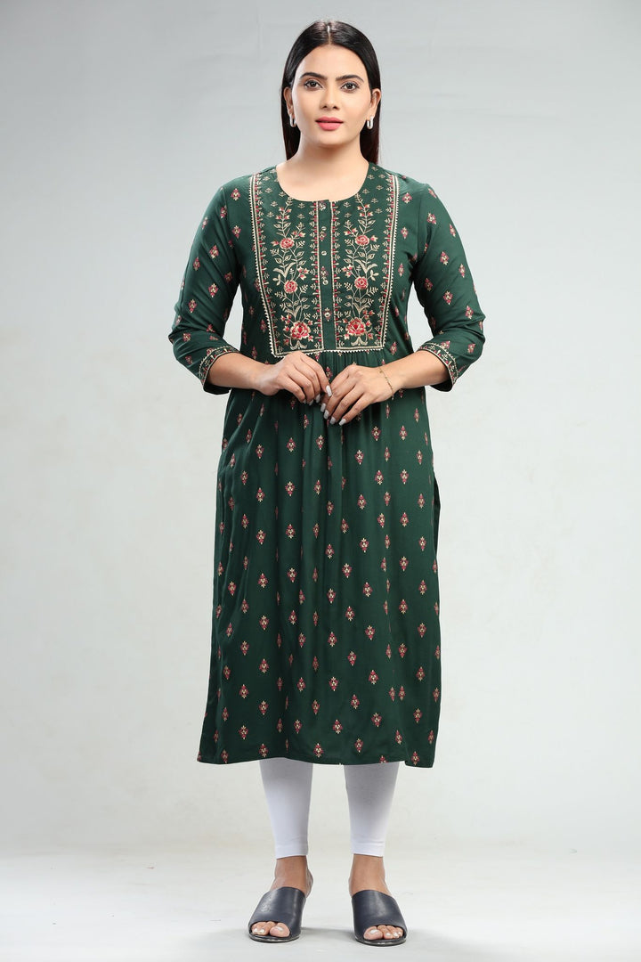 Green Rayon A Line Embroidered Gathered Kurta