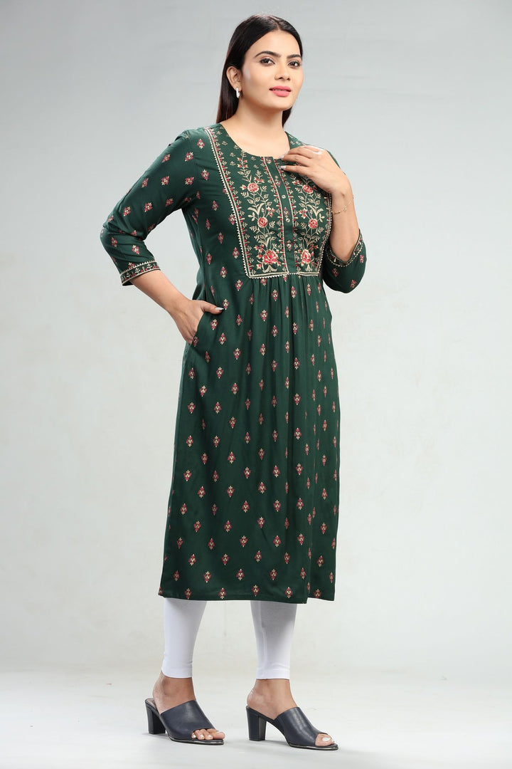 Green Rayon A Line Embroidered Gathered Kurta