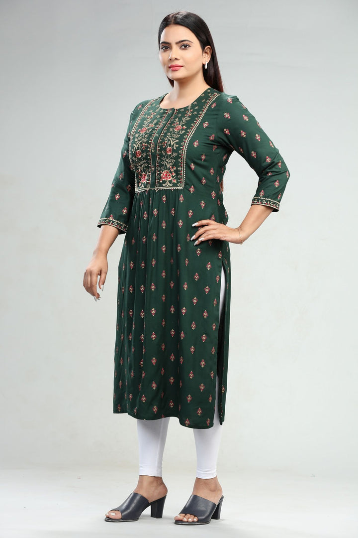 Green Rayon A Line Embroidered Gathered Kurta