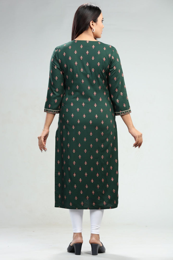 Green Rayon A Line Embroidered Gathered Kurta