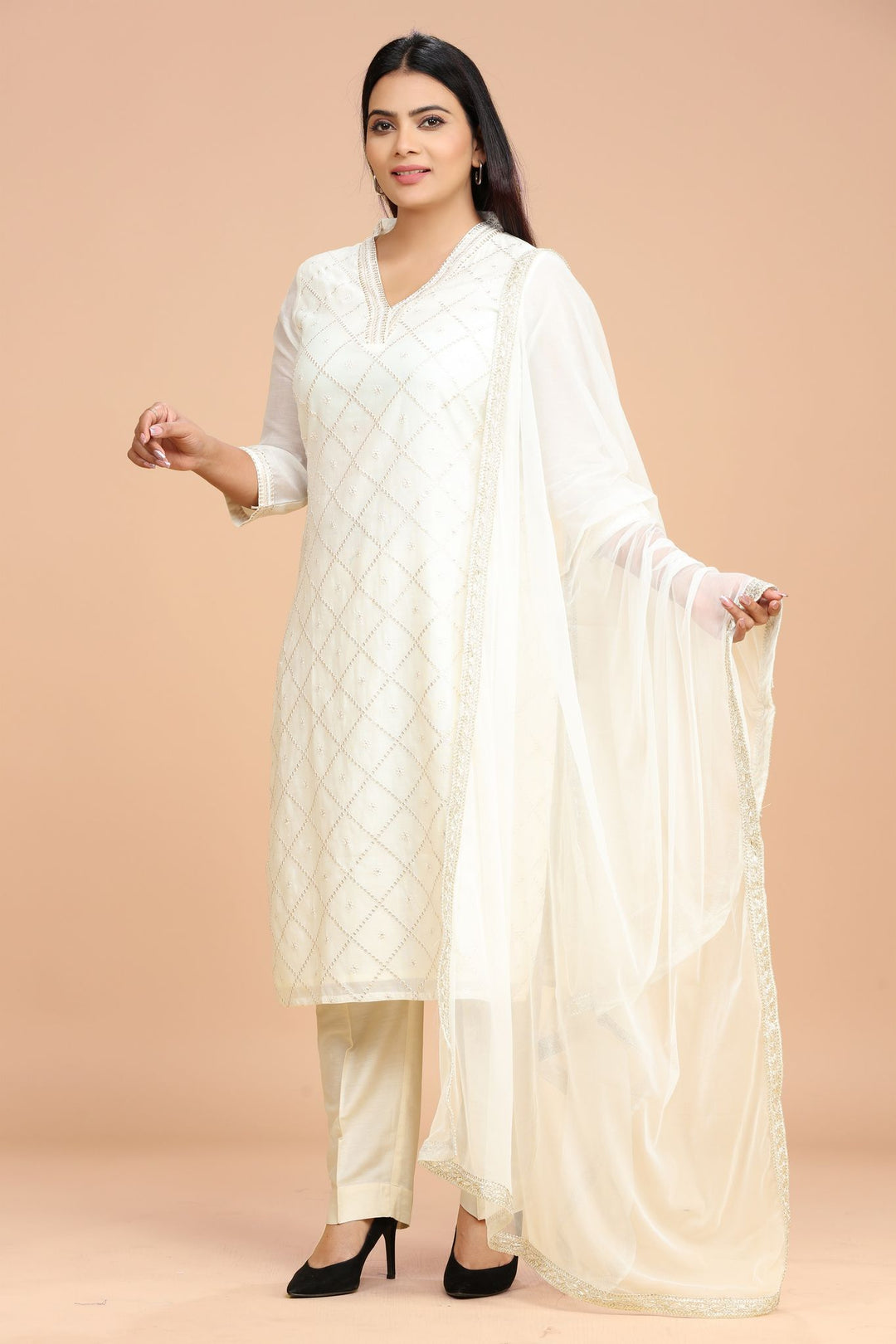 Kalyaani Cream Cotton Chanderi Embroidered Suit Set