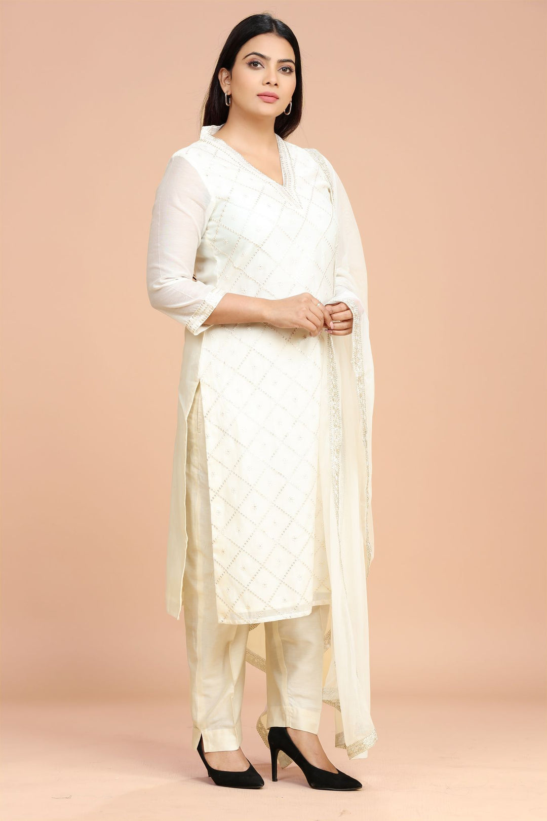 Kalyaani Cream Cotton Chanderi Embroidered Suit Set