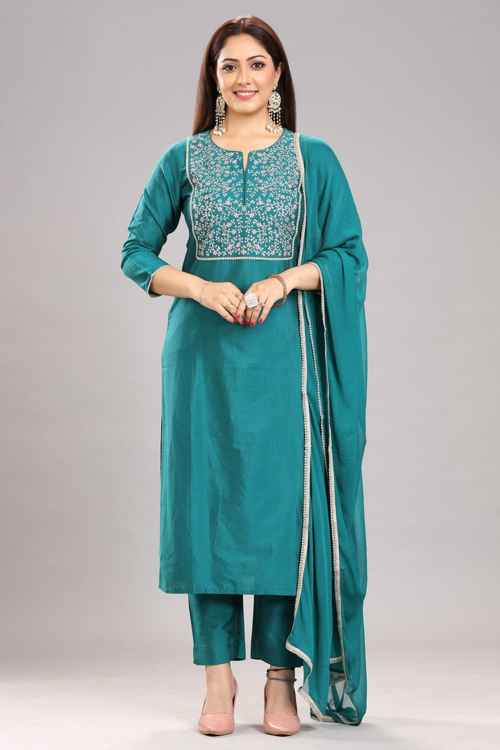 Kanchna Peacock Green Cotton Silk Embroidered Suit Set for women