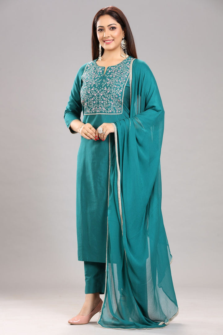 Kanchna Peacock Green Cotton Silk Embroidered Suit Set