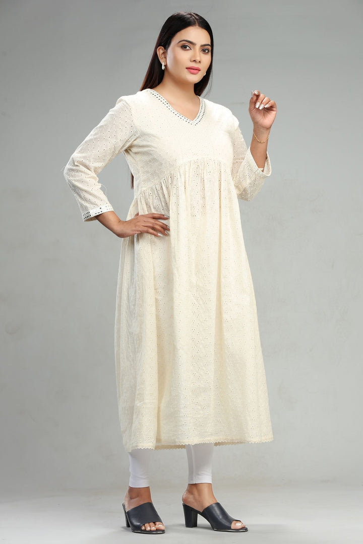 Cream Cotton A Line Gathered Kurta