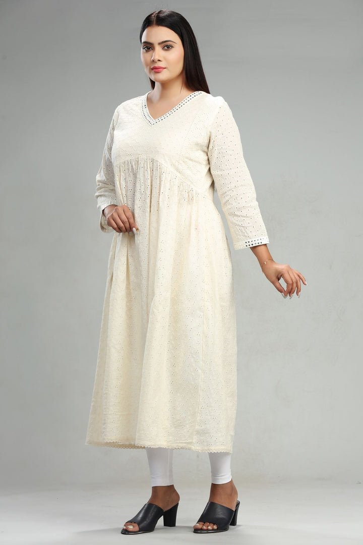 Cream Cotton A Line Gathered Kurta