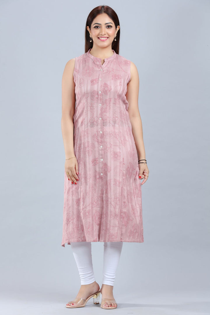 Light Pink Cotton A Line Sleeveless Kurti for women