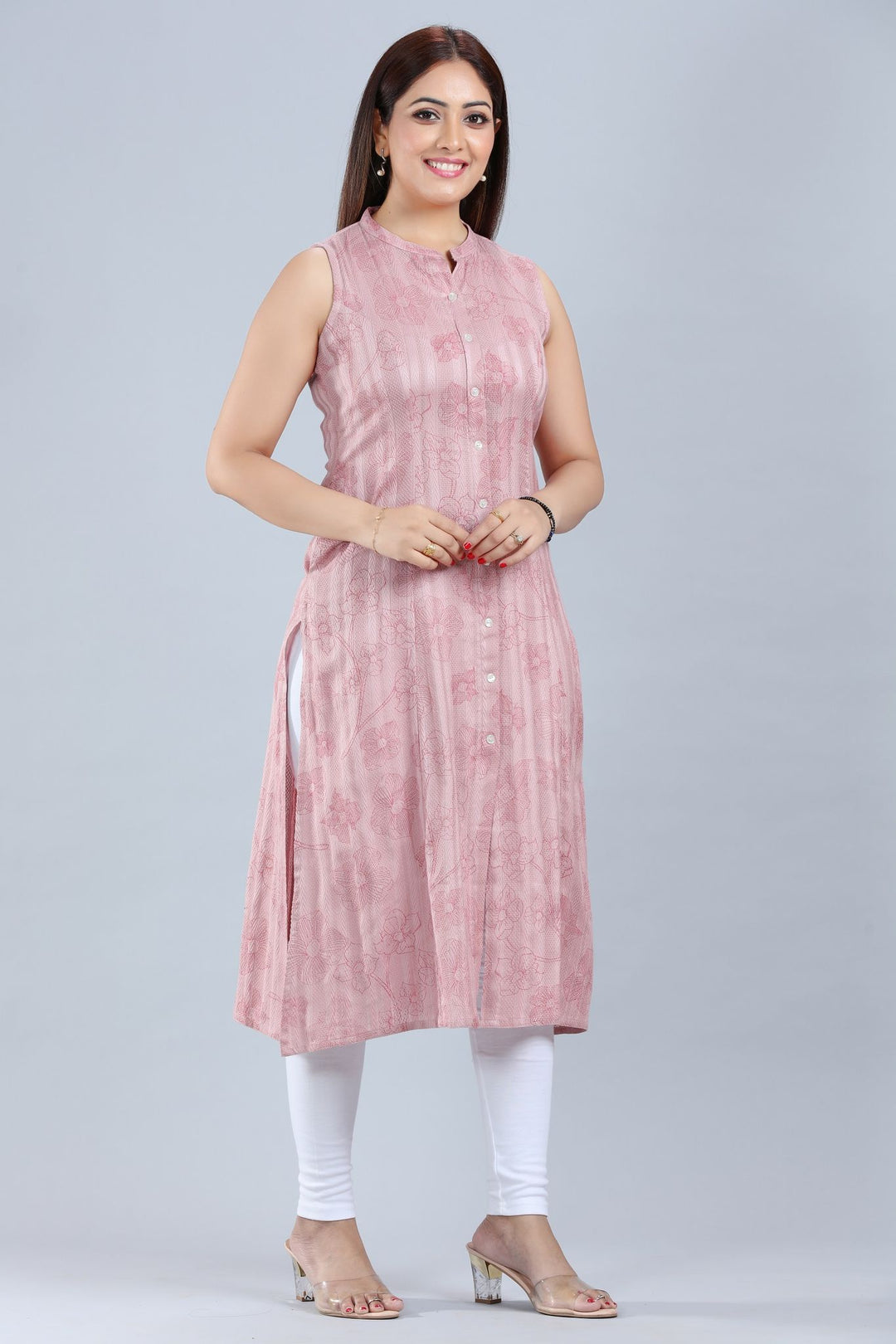 Light Pink Cotton A Line Sleeveless Kurti for women