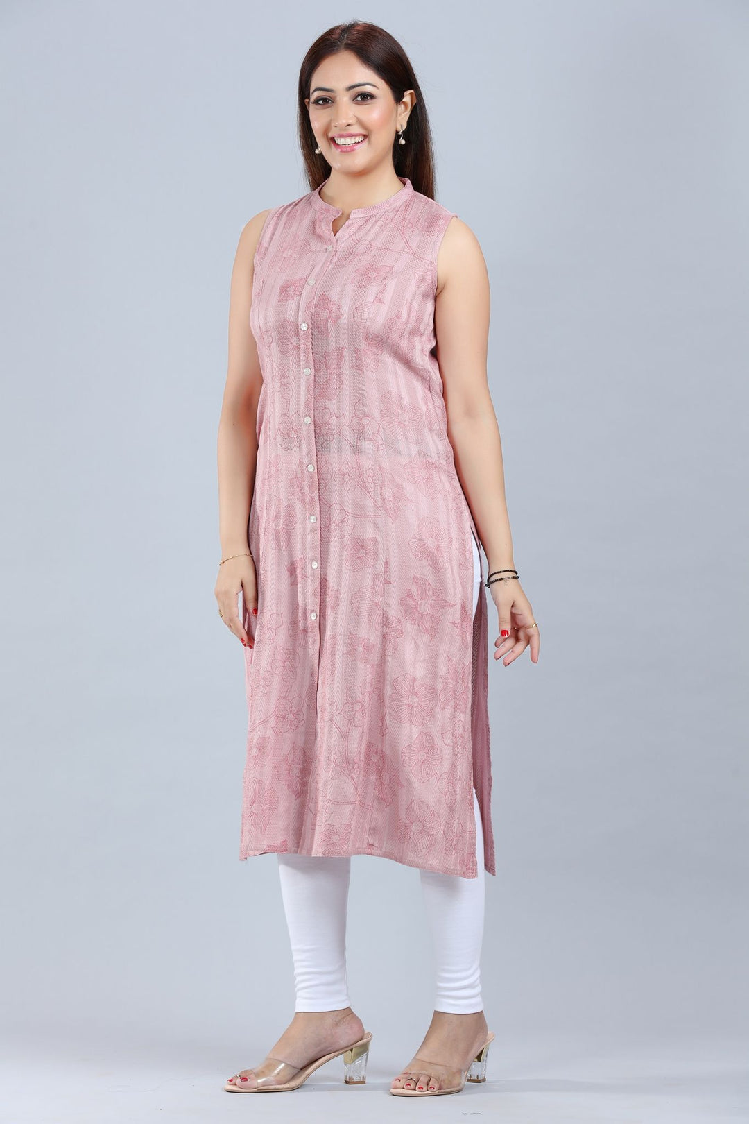 Light Pink Cotton A Line Sleeveless Kurti for women