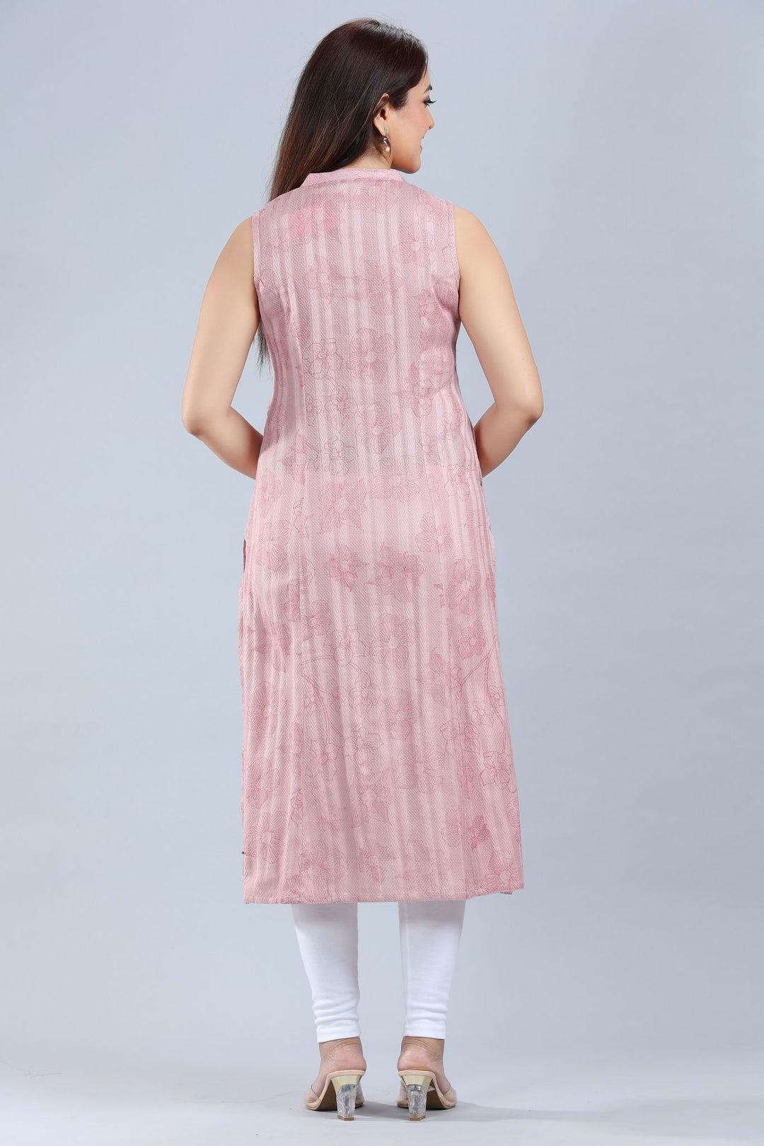 Light Pink Cotton A Line Sleeveless Kurti for women