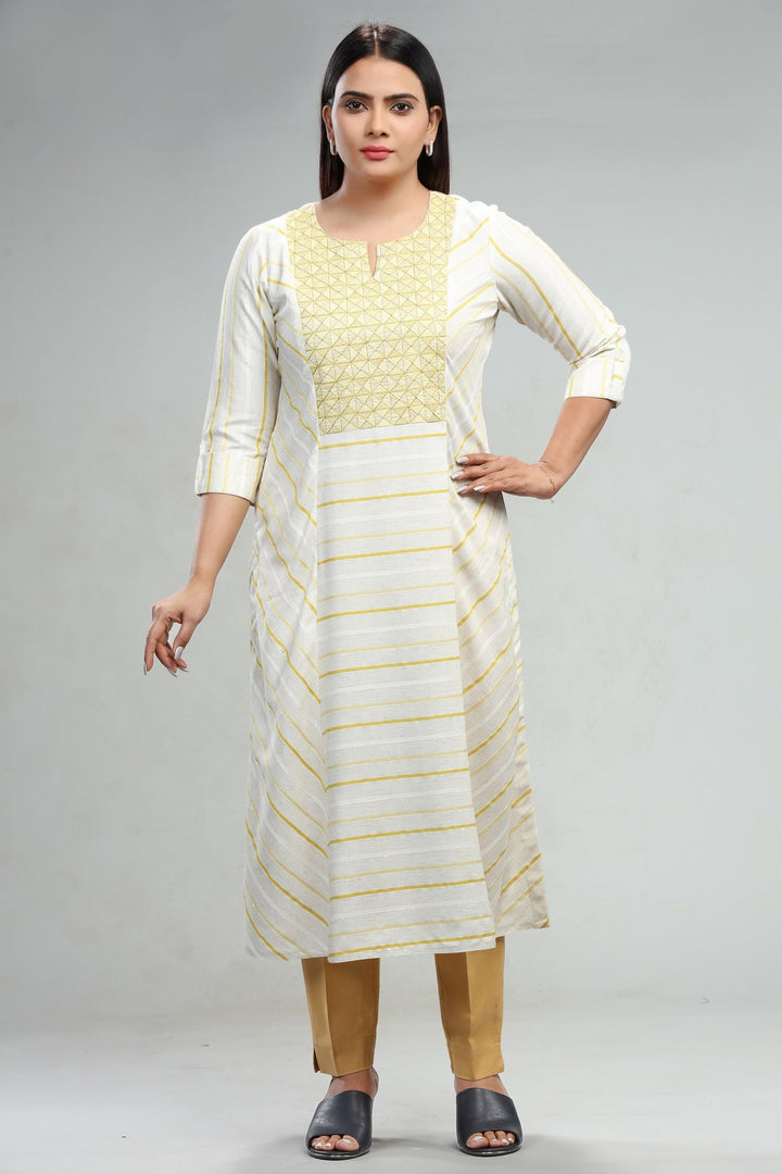 Cream & Yellow Cotton A Line Embroidered Kurta