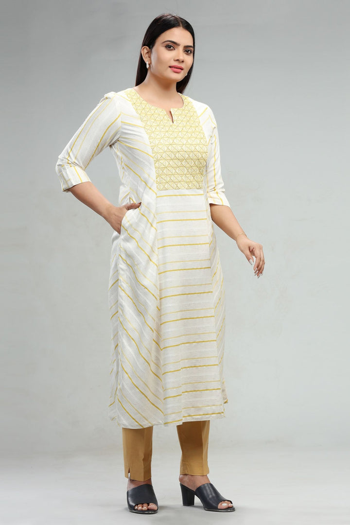 Cream & Yellow Cotton A Line Embroidered Kurta