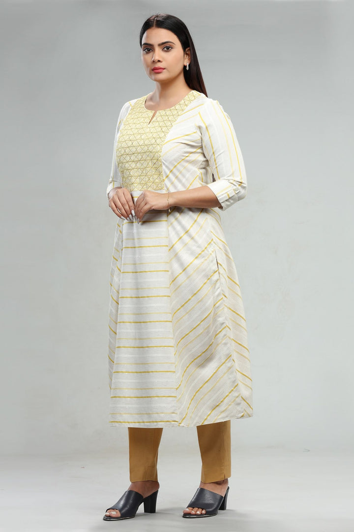 Cream & Yellow Cotton A Line Embroidered Kurta