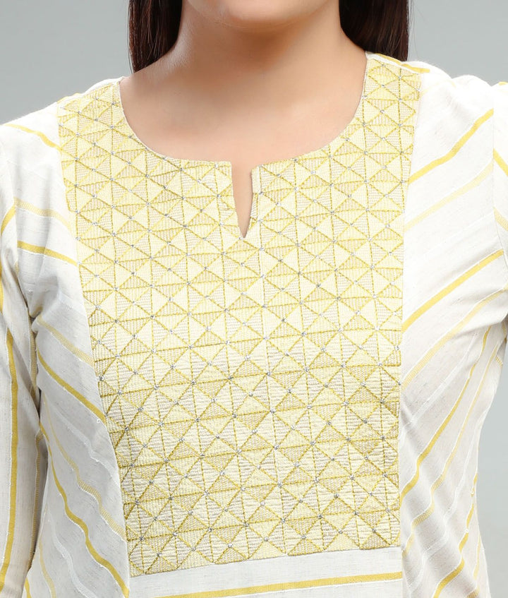 Cream & Yellow Cotton A Line Embroidered Kurta