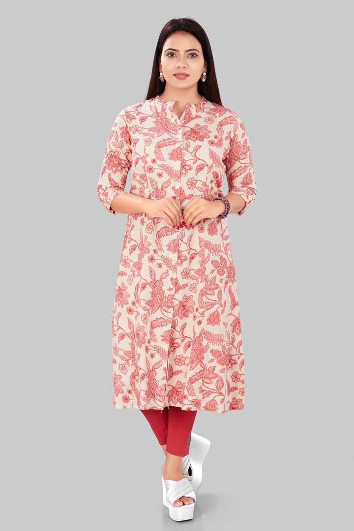 Off White & Pink Cotton A Line Printed Kurta