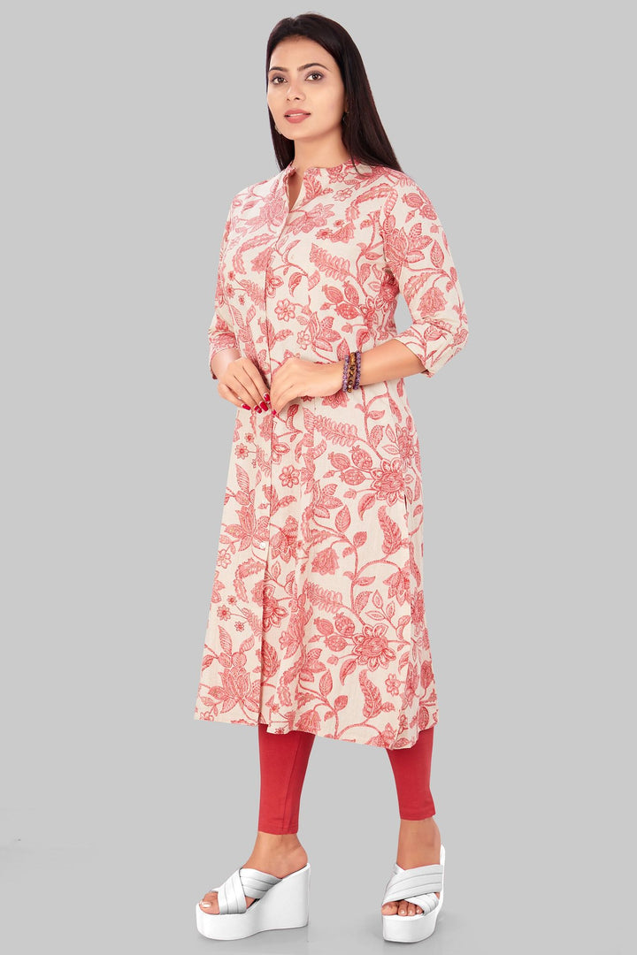 Off White & Pink Cotton A Line Printed Kurta