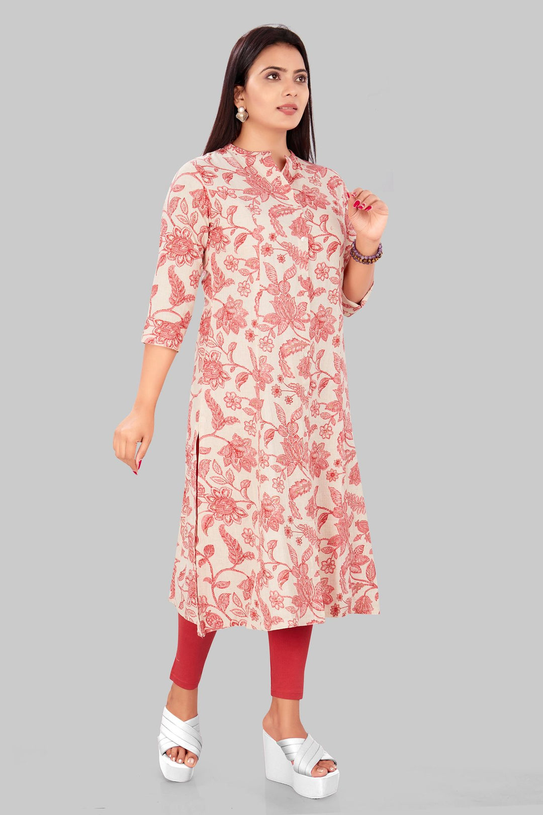 Off White & Pink Cotton A Line Printed Kurta