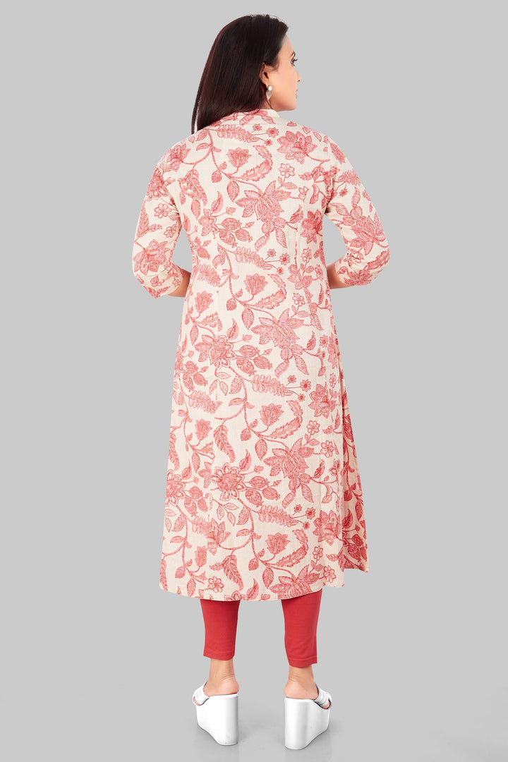 Off White & Pink Cotton A Line Printed Kurta