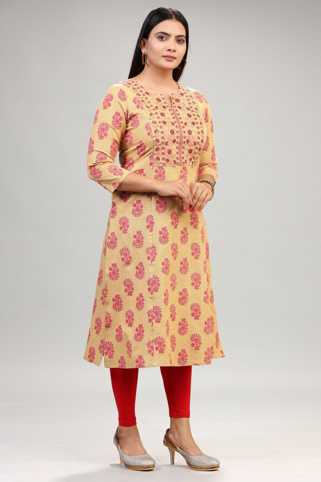 Beige Cotton Straight Embroidered Kurta