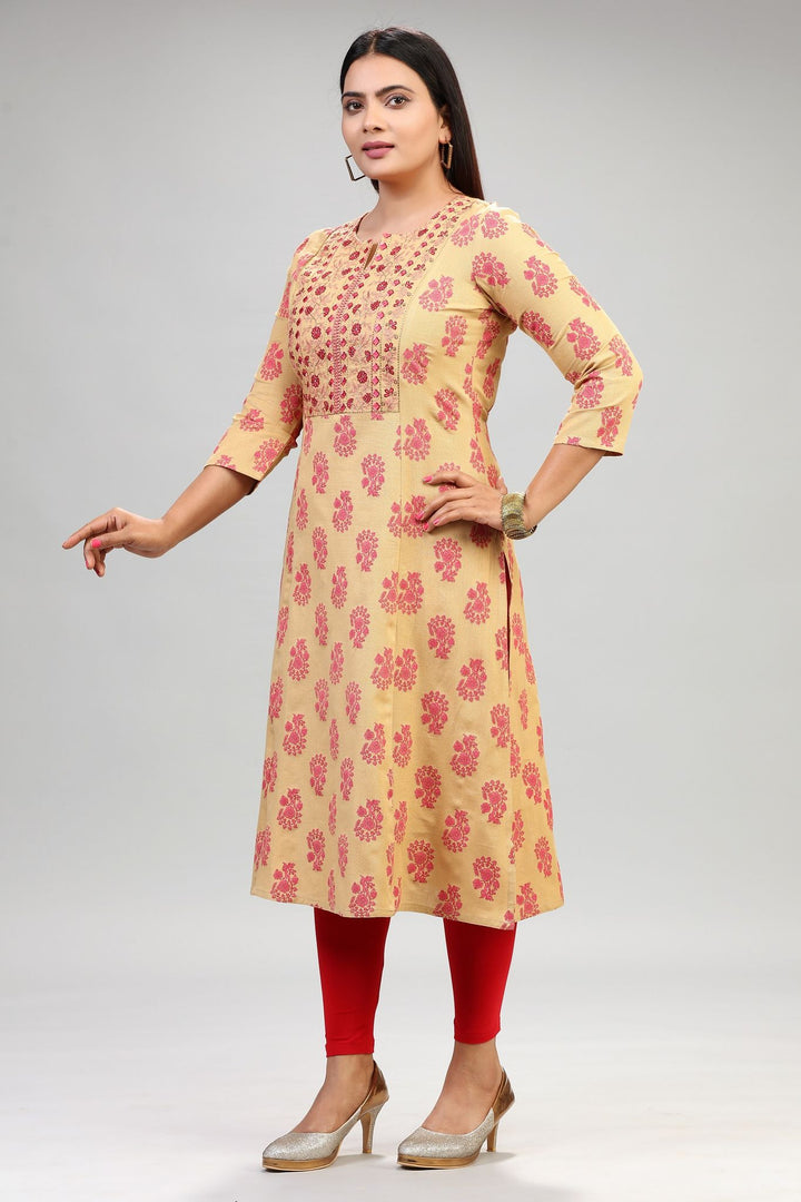 Beige Cotton Straight Embroidered Kurta