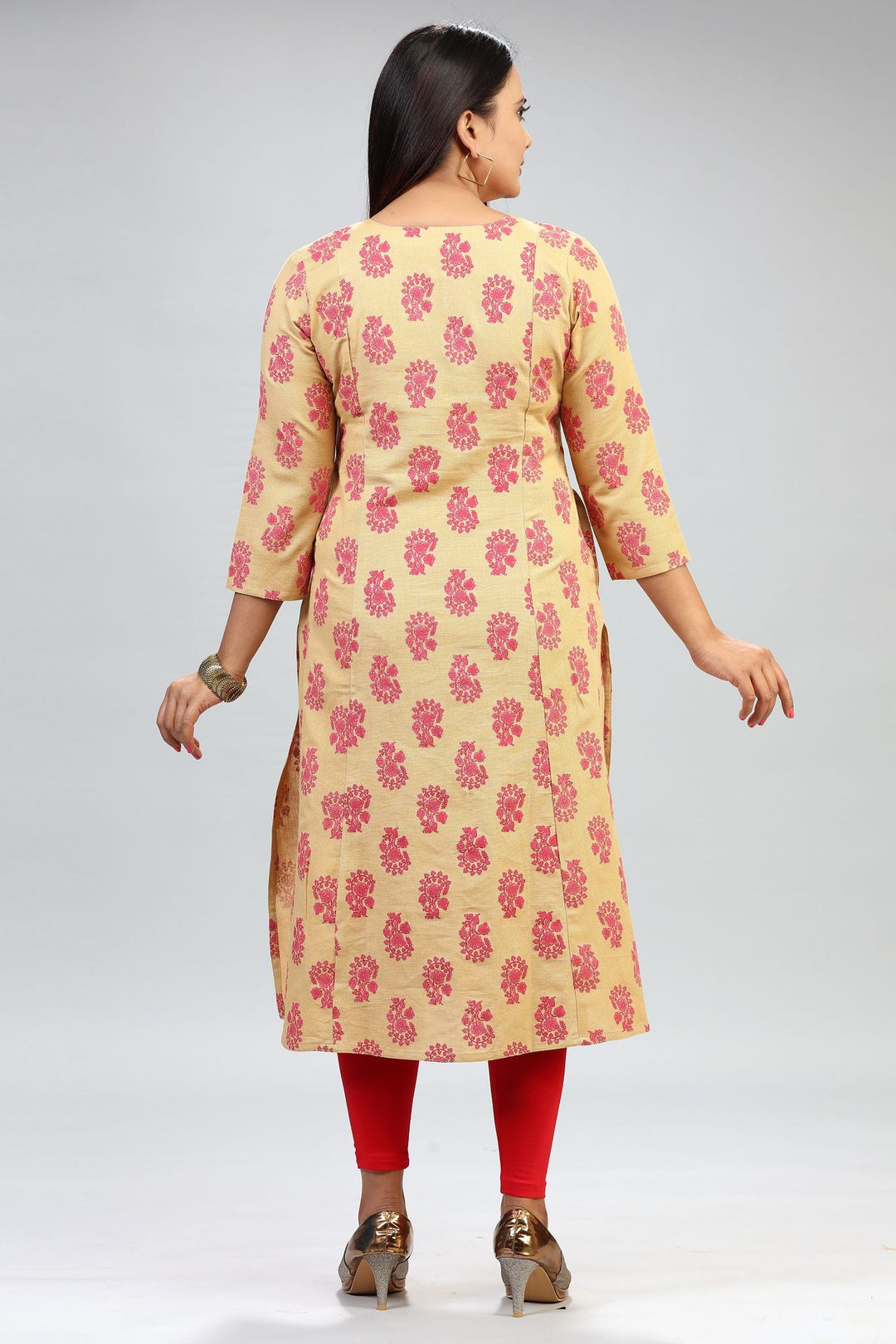 Beige Cotton Straight Embroidered Kurta