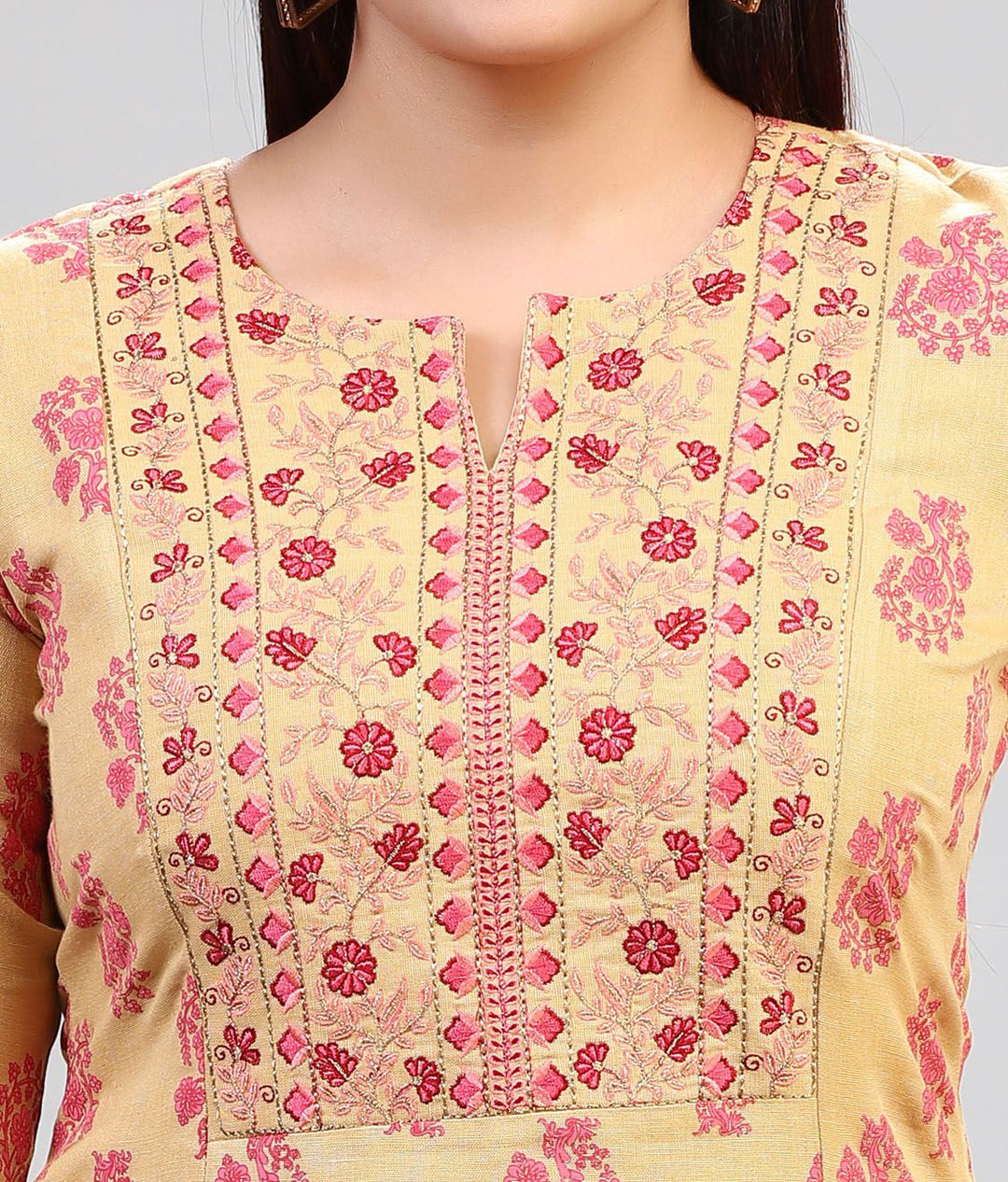 Beige Cotton Straight Embroidered Kurta