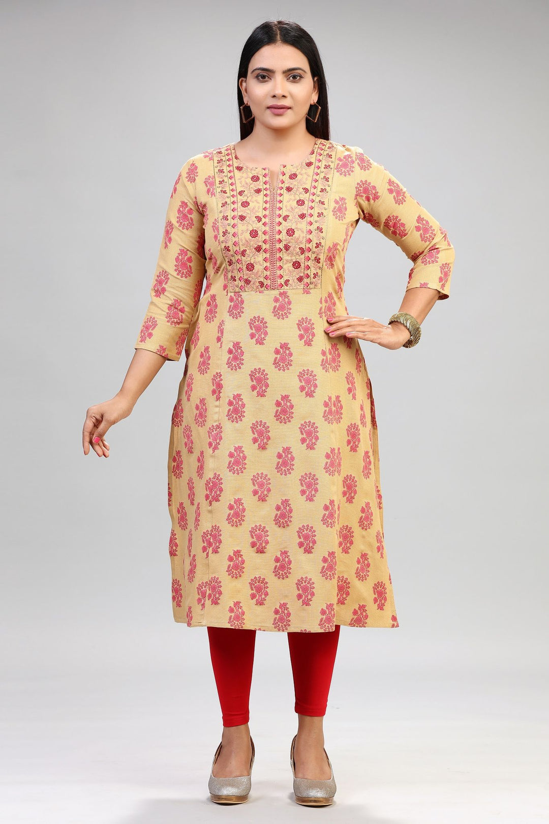 Beige Cotton Straight Embroidered Kurta