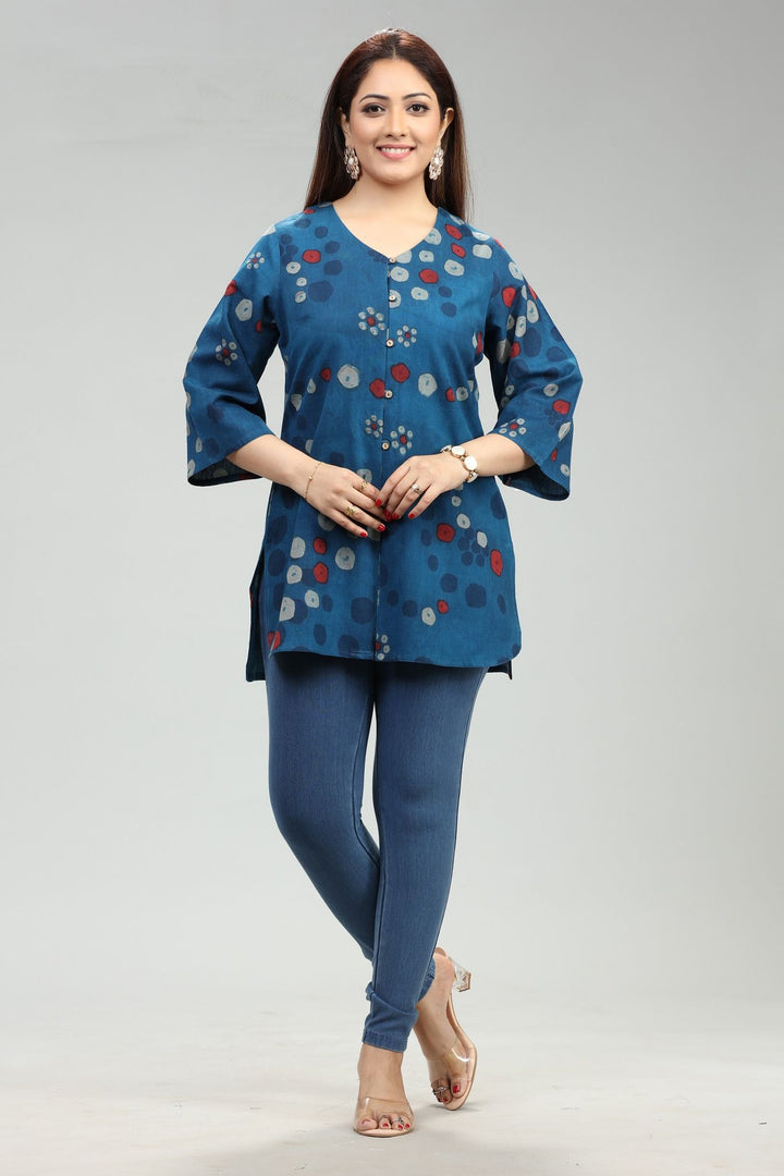 Medha Blue Cotton Short Kurtis