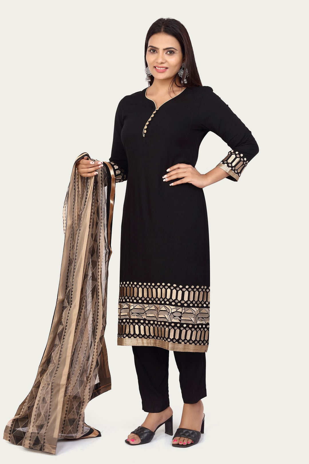 Black Rayon Straight Embroidered Kurta Pant Suit Set