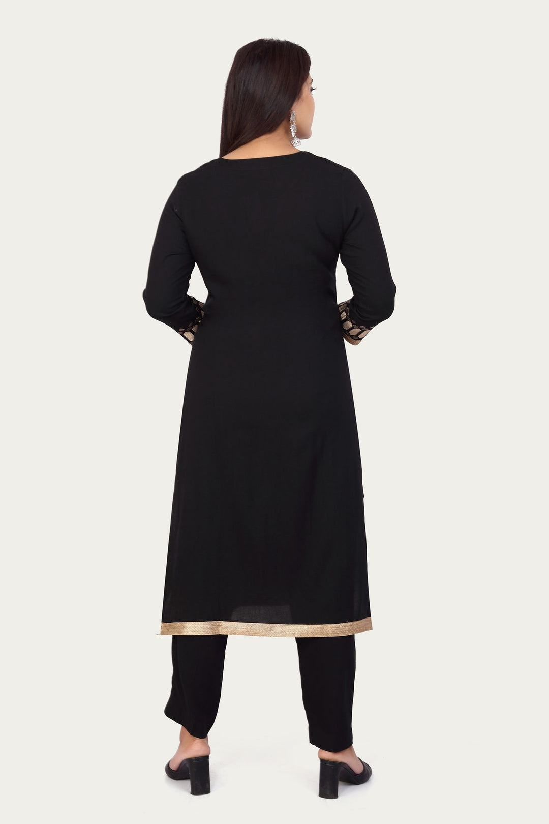 Black Rayon Straight Embroidered Kurta Pant Suit Set