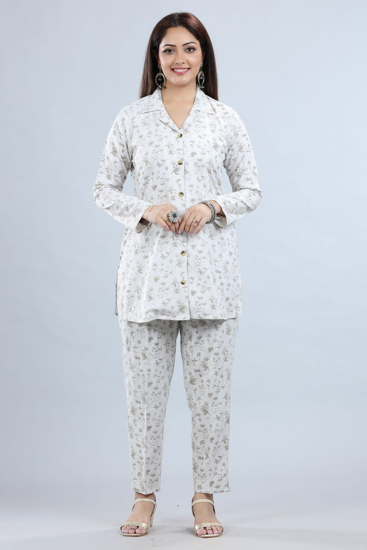 Off White Rayon Printed Straight Kurta Pant Co-Ord Set