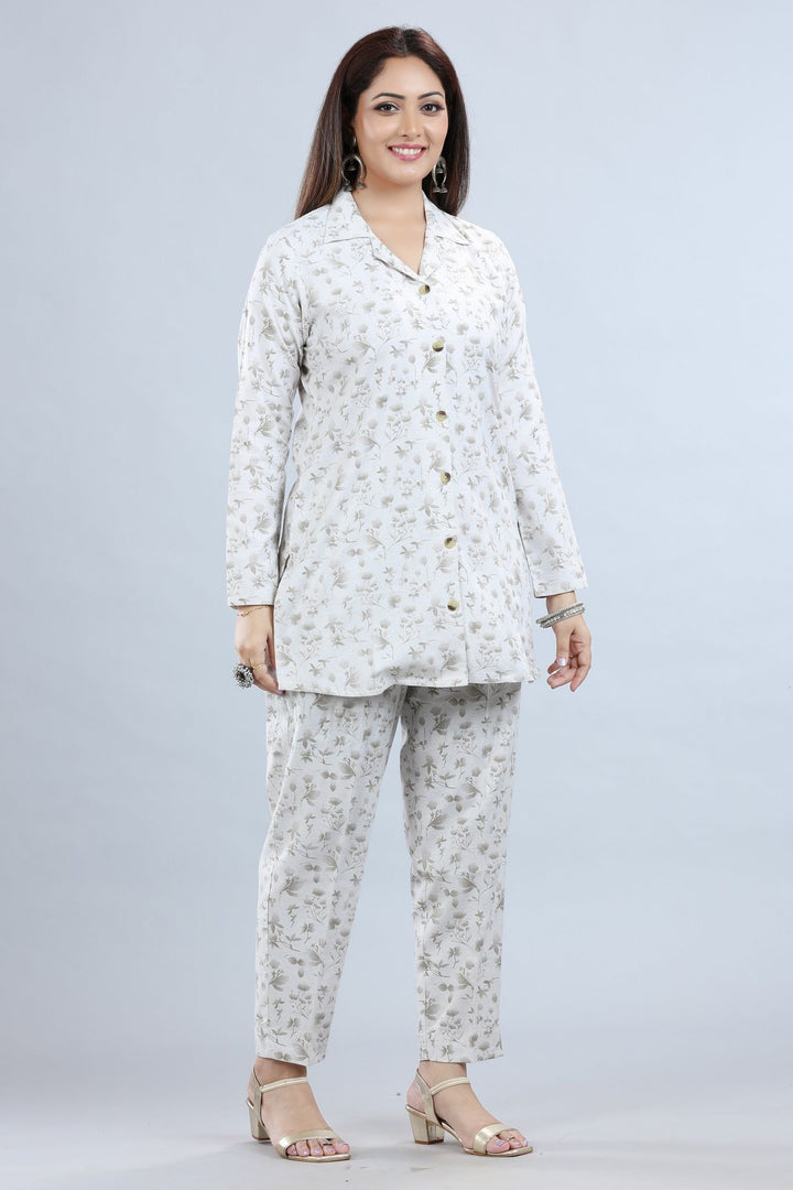 Off White Rayon Printed Straight Kurta Pant Co-Ord Set