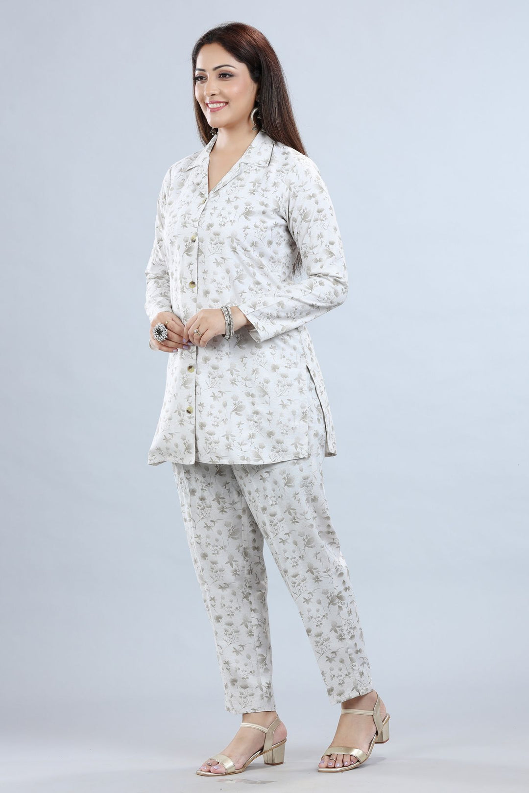 Off White Rayon Printed Straight Kurta Pant Co-Ord Set