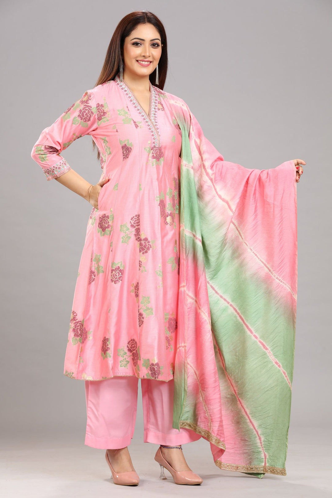 Lafiza Peach Soft Silk Kurta with Palazzos & Dupatta