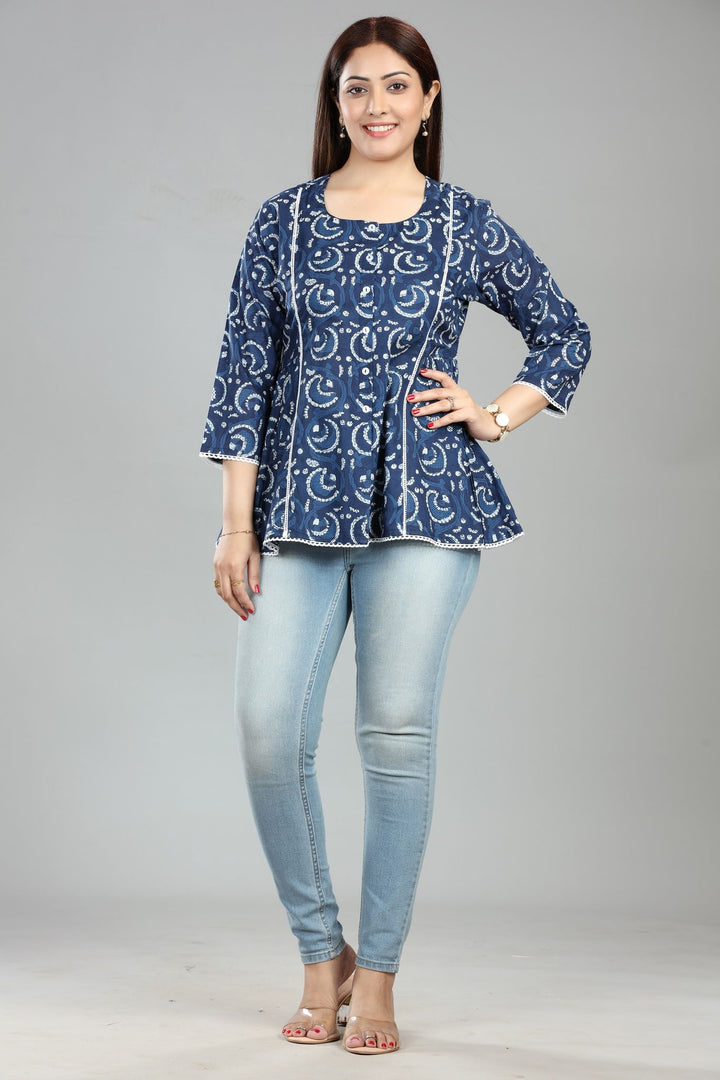 Lahifa Navy Blue Cotton Short Kurti