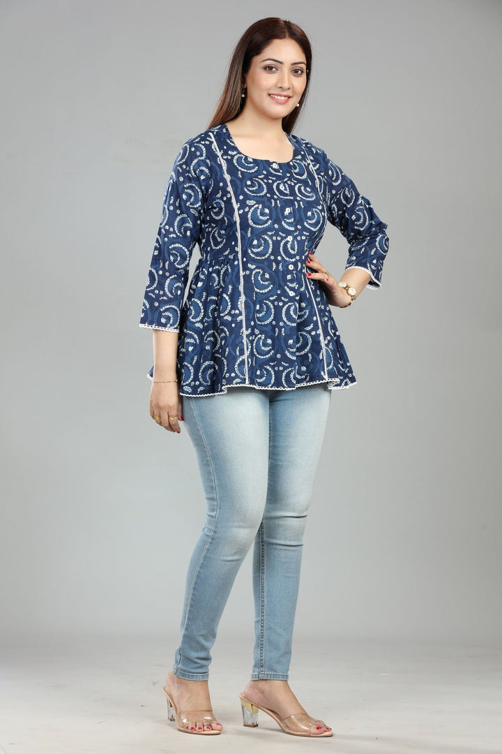 Lahifa Navy Blue Cotton Short Kurti