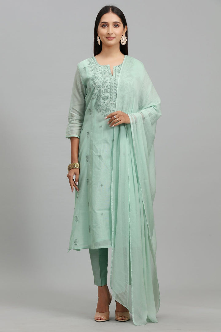 Laiba Pastel Green Chanderi Embroidery Suit Set